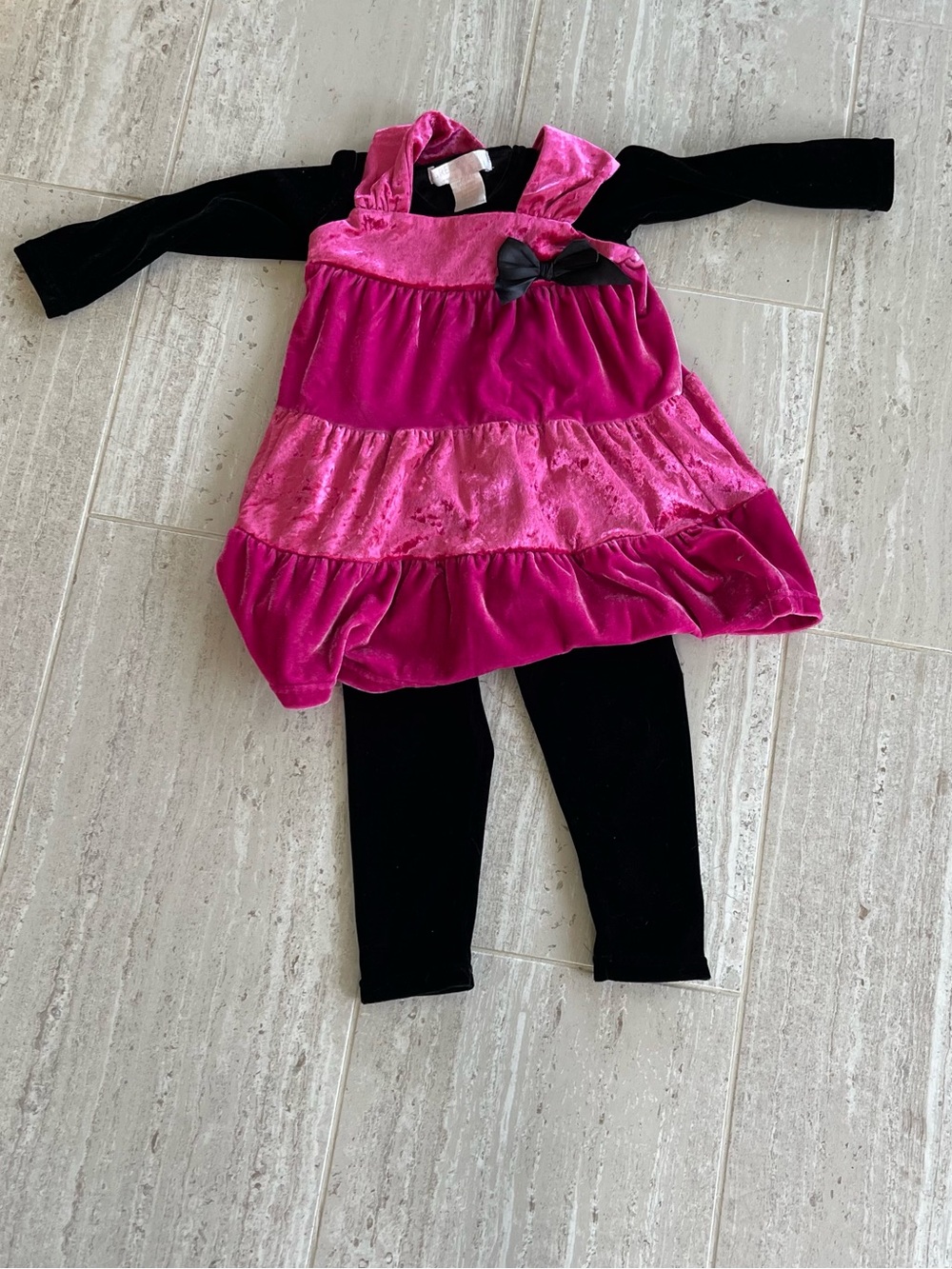 Girls Pink Velvet Tiered Dress with Black Leggings